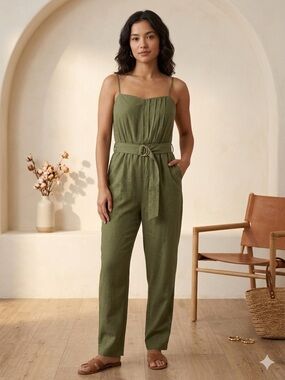 Zara Olive Green Linen-Blend Belted Spaghetti-Strap Jumpsuit